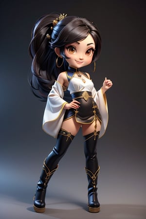 ((best quality)), ((masterpiece)), ((ultra-detailed)), high resolution, chibi girl, fluffy black hair, brown eyes, futuristic clothing, dynamic pose, cute, lite smile, happy, simple background, full body, 3DMM, High detailed, chibi, dynamic pose, cyberpunk, light hanfu, showing shoulders, ear_ring, pony_tail, long boots, cleavage, necklace, big head