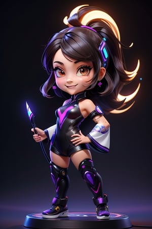 ((best quality)), ((masterpiece)), ((ultra-detailed)), high resolution, chibi girl, black fluffy hair, ahoge, brown eyes, futuristic clothing, dynamic pose, cute, smile, happy, simple background, full body, 3DMM, High detailed, chibi, smiling, dynamic pose, cyberpunk, purple hanfu, holding cyberpunk neon whip, High detailed , showing shoulders