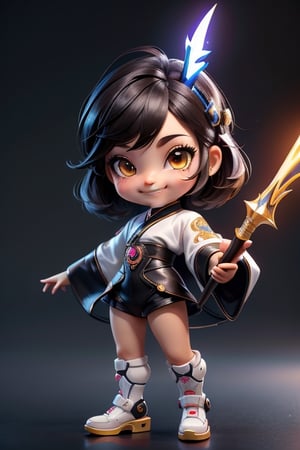 ((best quality)), ((masterpiece)), ((ultra-detailed)), high resolution, chibi girl, black fluffy hair, ahoge, brown eyes, futuristic clothing, dynamic pose, cute, smile, happy, simple background, full body, 3DMM, High detailed, chibi, smiling, dynamic pose, cyberpunk, white hanfu, holding cyberpunk neon dagger, High detailed 