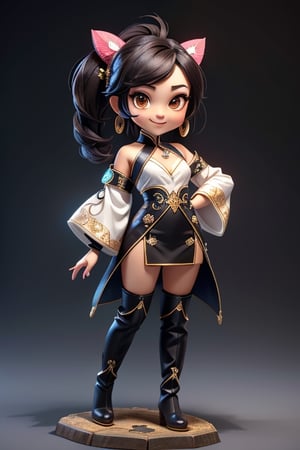 ((best quality)), ((masterpiece)), ((ultra-detailed)), high resolution, chibi girl, fluffy black hair, brown eyes, futuristic clothing, dynamic pose, cute, lite smile, happy, simple background, full body, 3DMM, High detailed, chibi, dynamic pose, cyberpunk, light hanfu, showing shoulders, ear_ring, pony_tail, long boots, cleavage, necklace, big head