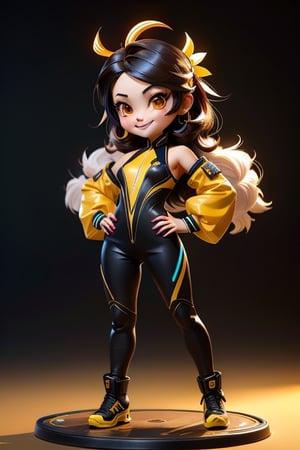 ((best quality)), ((masterpiece)), ((ultra-detailed)), high resolution, chibi girl, black fluffy hair, ahoge, brown eyes, futuristic clothing, dynamic pose, cute, smile, happy, simple background, full body, 3DMM, High detailed, chibi, dynamic pose, cyberpunk, yellow hanfu, holding cyberpunk neon katar, High detailed , showing shoulders,