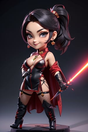 ((best quality)), ((masterpiece)), ((ultra-detailed)), high resolution, chibi girl, black ponytail, dark grey eyes, futuristic clothing, dynamic pose, cute, mischievous smile, happy, simple background, full body, 3DMM, chibi, dynamic pose, cyberpunk, black and red robe, long boots, phoenix robe, leather miniskirt, long_gloves, High detailed, laser daggers, cleavage, sexy cheongsam, necklace, belly button, fishnet stockings, translucent bunnysuit, areola slip, see_through, transparent_clothing, chibi, big head,High detailed 