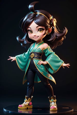 ((best quality)), ((masterpiece)), ((ultra-detailed)), high resolution, chibi girl, black fluffy hair, ahoge, brown eyes, futuristic clothing, dynamic pose, cute, smile, happy, simple background, full body, 3DMM, High detailed, chibi, dynamic pose, cyberpunk, green hanfu, holding cyberpunk neon katar, showing shoulders,