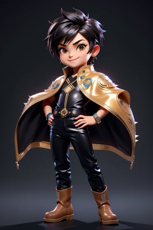 ((best quality)), ((masterpiece)), ((ultra-detailed)), high resolution, chibi boy, black spiky hair, brown eyes, futuristic clothing, dynamic pose, cute, lite smile, happy, simple background, full body, 3DMM, High detailed, chibi, dynamic pose, cyberpunk, light robe, long boots, big head, Color magic, Saturated colors, print robe, leather pants,High detailed 