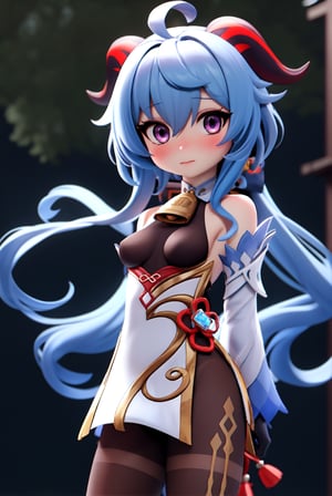 ganyu \(genshin impact\), chibi, pvc, render, 1girl, ahoge, bangs, bare shoulders, bell, black gloves, black pantyhose, ((blue hair)), blush, breasts, chinese knot, detached sleeves, flower knot, gloves, horns, long hair, looking at viewer, small breasts, neck bell, outdoors, pantyhose, purple eyes, sidelocks, solo, tassel, white sleeves, ((masterpiece)),chibi