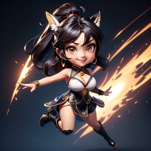 ((best quality)), ((masterpiece)), ((ultra-detailed)), high resolution, chibi girl, fluffy black hair, brown eyes, futuristic clothing, dynamic pose, cute, lite smile, happy, simple background, full body, 3DMM, High detailed, chibi, dynamic pose, cyberpunk, hanfu, showing shoulders, ear_ring, pony_tail, long boots, cleavage, necklace, big_boobs,High detailed , ahoge, flying kick from above