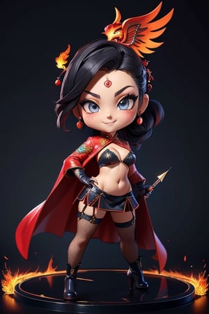 ((best quality)), ((masterpiece)), ((ultra-detailed)), high resolution, chibi girl, black ponytail, dark grey eyes, futuristic clothing, dynamic pose, cute, mischievous smile, happy, simple background, full body, 3DMM, chibi, dynamic pose, cyberpunk, black and red robe, long boots, phoenix robe, leather miniskirt, long_gloves, High detailed, laser daggers, cleavage, sexy cheongsam, necklace, belly button, fishnet stockings, translucent bunnysuit,  see_through, chibi, big head, showing belly button