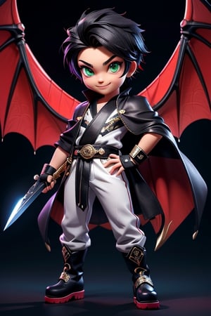 ((best quality)), ((masterpiece)), ((ultra-detailed)), high resolution, chibi boy, black crewcut hair, emerald eyes, futuristic clothing, dynamic pose, cute, mischievous smile, happy, simple background, full body, 3DMM, chibi, dynamic pose, cyberpunk, black robe, long boots, big head, Color magic, Saturated colors, dragon robe, white leather pants, print shirt, fingerless_glove, High detailed , melee_weapons