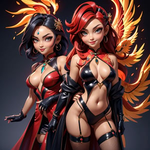 ((best quality)), ((masterpiece)), ((ultra-detailed)), high resolution, chibi girl, black ponytail, dark grey eyes, futuristic clothing, dynamic pose, cute, mischievous smile, happy, simple background, full body, 3DMM, chibi, dynamic pose, cyberpunk, black and red robe, long boots, phoenix robe, leather miniskirt, long_gloves, High detailed, katana, cleavage, sexy cheongsam, necklace, belly button, fishnet stockings, translucent bunnysuit,  see_through, chibi, big head, showing belly button, mini pet phoenix on shoulder