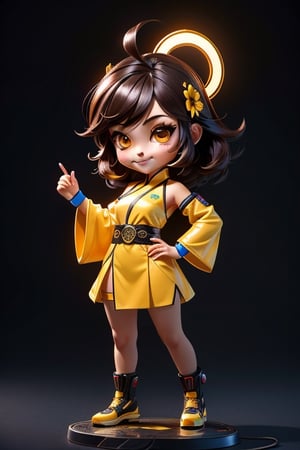 ((best quality)), ((masterpiece)), ((ultra-detailed)), high resolution, chibi girl, black fluffy hair, ahoge, brown eyes, futuristic clothing, dynamic pose, cute, smile, happy, simple background, full body, 3DMM, High detailed, chibi, dynamic pose, cyberpunk, yellow hanfu, holding cyberpunk neon katar, High detailed , showing shoulders,High detailed 