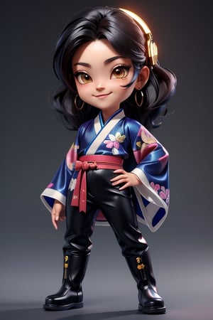 ((best quality)), ((masterpiece)), ((ultra-detailed)), high resolution, chibi boy, fluffy black hair, brown eyes, futuristic clothing, dynamic pose, cute, lite smile, happy, simple background, full body, 3DMM, High detailed, chibi, dynamic pose, cyberpunk, light hanfu, ear_ring, long boots, big head, High detailed, Color magic, Saturated colors, print robe, leather pants