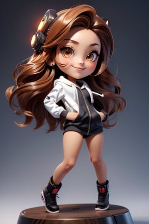 ((best quality)), ((masterpiece)), ((ultra-detailed)), high resolution, 1 girl, chibi, mini girl, fluffy hair, brown eyes, futuristic clothing, dynamic pose, cute, smile, happy, simple background, full body, cute girl wearing a hoodie, 3DMM, High detailed, chibi, smiling, futuristic clothing, dynamic pose, cyberpunk