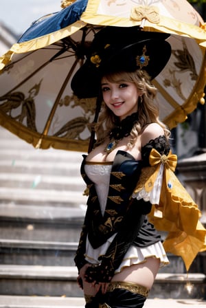 navia \(genshin impact\), looking at viewer, 1girl, ((smile)), blonde hair, (large breast:1.2), cleavage:1.3, fancy hat, thigh boots, detached sleeves, single glove, strapless dress, detached collar, showgirl skirt, necklace, waist cape, ((holding umbrella)), ((high lights)), (light aura), best quality, masterpiece, a very delicate and beautiful, (solo:1.3), ((simple_background)),1 girl