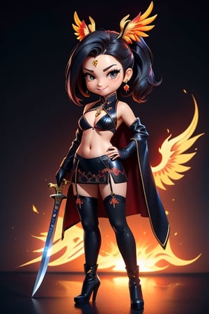 ((best quality)), ((masterpiece)), ((ultra-detailed)), high resolution, chibi girl, black ponytail, dark grey eyes, futuristic clothing, dynamic pose, cute, mischievous smile, happy, simple background, full body, 3DMM, chibi, dynamic pose, cyberpunk, black and red robe, long boots, phoenix robe, leather miniskirt, long_gloves, High detailed, sword, cleavage, sexy cheongsam, necklace, belly button, fishnet stockings, translucent bunnysuit,  see_through, chibi, big head, showing belly button, mini pet phoenix on shoulder