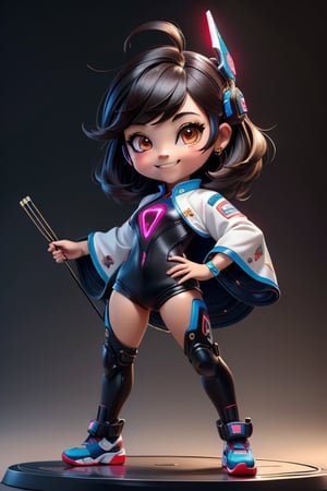 ((best quality)), ((masterpiece)), ((ultra-detailed)), high resolution, chibi girl, black fluffy hair, ahoge, brown eyes, futuristic clothing, dynamic pose, cute, smile, happy, simple background, full body, 3DMM, High detailed, chibi, smiling, dynamic pose, cyberpunk, hanfu, holding cyber punk neon folding fan, High detailed 