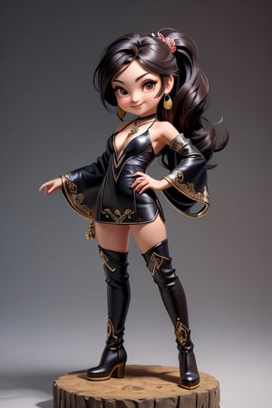 ((best quality)), ((masterpiece)), ((ultra-detailed)), high resolution, chibi girl, fluffy black hair, brown eyes, futuristic clothing, dynamic pose, cute, lite smile, happy, simple background, full body, 3DMM, High detailed, chibi, dynamic pose, cyberpunk, light hanfu, showing shoulders, ear_ring, pony_tail, long boots, cleavage, necklace, big head