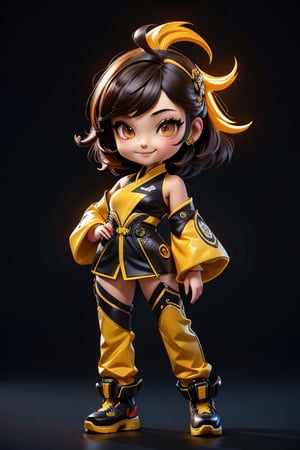((best quality)), ((masterpiece)), ((ultra-detailed)), high resolution, chibi girl, black fluffy hair, ahoge, brown eyes, futuristic clothing, dynamic pose, cute, smile, happy, simple background, full body, 3DMM, High detailed, chibi, dynamic pose, cyberpunk, yellow hanfu, holding cyberpunk neon katar, High detailed , showing shoulders,High detailed 