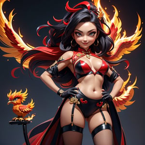 ((best quality)), ((masterpiece)), ((ultra-detailed)), high resolution, chibi girl, black ponytail, dark grey eyes, futuristic clothing, dynamic pose, cute, mischievous smile, happy, simple background, full body, 3DMM, chibi, dynamic pose, cyberpunk, black and red robe, long boots, phoenix robe, leather miniskirt, long_gloves, High detailed, katana, cleavage, sexy cheongsam, necklace, belly button, fishnet stockings, translucent bunnysuit,  see_through, chibi, big head, showing belly button, mini pet phoenix on shoulder