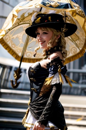 navia \(genshin impact\), looking at viewer, 1girl, ((smile)), blonde hair, (large breast:1.2), cleavage:1.3, fancy hat, thigh boots, detached sleeves, single glove, strapless dress, detached collar, showgirl skirt, necklace, waist cape, ((holding umbrella)), ((high lights)), (light aura), best quality, masterpiece, a very delicate and beautiful, (solo:1.3), ((simple_background)),1 girl