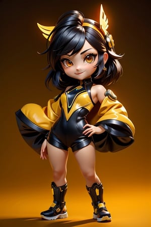 ((best quality)), ((masterpiece)), ((ultra-detailed)), high resolution, chibi girl, black fluffy hair, ahoge, brown eyes, futuristic clothing, dynamic pose, cute, smile, happy, simple background, full body, 3DMM, High detailed, chibi, dynamic pose, cyberpunk, yellow hanfu, holding cyberpunk neon katar, High detailed , showing shoulders,High detailed 