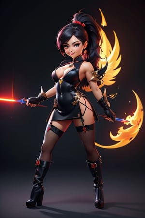 ((best quality)), ((masterpiece)), ((ultra-detailed)), high resolution, chibi girl, black ponytail, dark grey eyes, futuristic clothing, dynamic pose, cute, mischievous smile, happy, simple background, full body, 3DMM, chibi, dynamic pose, cyberpunk, black and red robe, long boots, big head, Color magic, Saturated colors, phoenix robe, leather miniskirt, long_gloves, High detailed , laser daggers, cleavage, oppai, short, sexy cheongsam, necklace, belly button, fishnet stockings