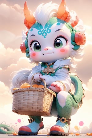 Green dragoncute squatting surrounded by colorful clouds, chibi, big cute eyes, holding a basket of oranges, chinese fire crackers on the floor