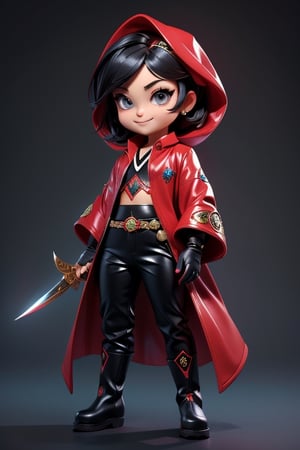 ((best quality)), ((masterpiece)), ((ultra-detailed)), high resolution, chibi man, black crewcut hair, dark grey eyes, futuristic clothing, dynamic pose, cute, mischievous smile, happy, simple background, full body, 3DMM, chibi, dynamic pose, cyberpunk, black and red robe, long boots, big head, Color magic, Saturated colors, tiger motive robe, leather pants, print shirt, fingerless_glove, High detailed , weapons