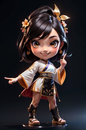 ((best quality)), ((masterpiece)), ((ultra-detailed)), high resolution, chibi girl, black hair, brown eyes, futuristic clothing, dynamic pose, cute, smile, happy, simple background, full body, 3DMM, High detailed, chibi, smiling, dynamic pose, cyberpunk, hanfu, one finger pointing to viewer