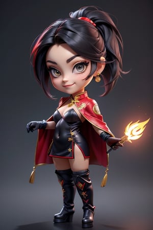 ((best quality)), ((masterpiece)), ((ultra-detailed)), high resolution, chibi girl, black ponytail, dark grey eyes, futuristic clothing, dynamic pose, cute, mischievous smile, happy, simple background, full body, 3DMM, chibi, dynamic pose, cyberpunk, black and red robe, long boots, phoenix robe, leather miniskirt, long_gloves, High detailed, laser daggers, cleavage, sexy cheongsam, necklace, belly button, fishnet stockings, translucent bunnysuit, areola slip, see_through, transparent_clothing, chibi, big head,High detailed 