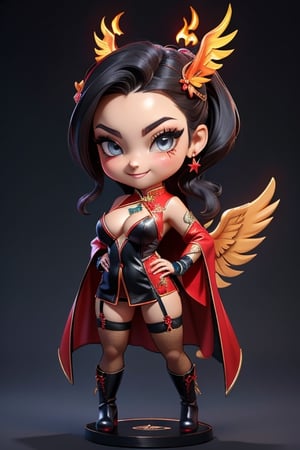 ((best quality)), ((masterpiece)), ((ultra-detailed)), high resolution, chibi girl, black ponytail, dark grey eyes, futuristic clothing, dynamic pose, cute, mischievous smile, happy, simple background, full body, 3DMM, chibi, dynamic pose, cyberpunk, black and red robe, long boots, phoenix robe, leather miniskirt, long_gloves, High detailed, laser daggers, cleavage, sexy cheongsam, necklace, belly button, fishnet stockings, translucent bunnysuit, areola slip, see_through, transparent_clothing, chibi, big head