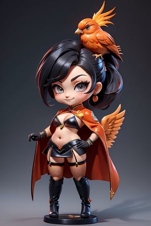 ((best quality)), ((masterpiece)), ((ultra-detailed)), high resolution, chibi girl, black ponytail, dark grey eyes, futuristic clothing, dynamic pose, cute, mischievous smile, happy, simple background, full body, 3DMM, chibi, dynamic pose, cyberpunk, black and red robe, long boots, phoenix robe, leather miniskirt, long_gloves, High detailed, sword, cleavage, sexy cheongsam, necklace, belly button, fishnet stockings, translucent bunnysuit,  see_through, chibi, big head, showing belly button, mini orange bird sitting on head