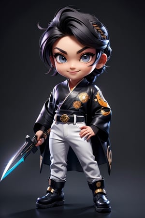 ((best quality)), ((masterpiece)), ((ultra-detailed)), high resolution, chibi boy, black crewcut hair, braid, dark grey eyes, futuristic clothing, dynamic pose, cute, mischievous smile, happy, simple background, full body, 3DMM, chibi, dynamic pose, cyberpunk, black robe, long boots, big head, Color magic, Saturated colors, tiger robe, white leather pants, print shirt, fingerless_glove, High detailed , melee_weapons