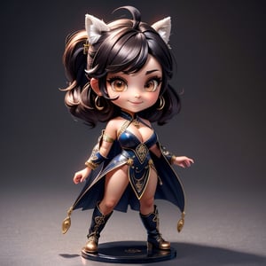 ((best quality)), ((masterpiece)), ((ultra-detailed)), high resolution, chibi girl, fluffy black hair, brown eyes, futuristic clothing, dynamic pose, cute, lite smile, happy, simple background, full body, 3DMM, High detailed, chibi, dynamic pose, cyberpunk, hanfu, showing shoulders, ear_ring, pony_tail, long boots, cleavage, necklace, big_boobs,High detailed , ahoge, standing on metallic floor 