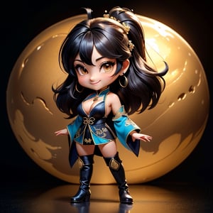 ((best quality)), ((masterpiece)), ((ultra-detailed)), high resolution, chibi girl, fluffy black hair, brown eyes, futuristic clothing, dynamic pose, cute, lite smile, happy, simple background, full body, 3DMM, High detailed, chibi, dynamic pose, cyberpunk, hanfu, showing shoulders, ear_ring, pony_tail, long boots, cleavage, necklace, big_boobs,High detailed , ahoge, standing on metallic floor 