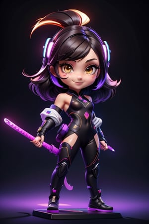((best quality)), ((masterpiece)), ((ultra-detailed)), high resolution, chibi girl, black fluffy hair, ahoge, brown eyes, futuristic clothing, dynamic pose, cute, smile, happy, simple background, full body, 3DMM, High detailed, chibi, smiling, dynamic pose, cyberpunk, purple hanfu, holding cyberpunk neon whip, High detailed , showing shoulders