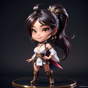 ((best quality)), ((masterpiece)), ((ultra-detailed)), high resolution, chibi girl, fluffy black hair, brown eyes, futuristic clothing, dynamic pose, cute, lite smile, happy, simple background, full body, 3DMM, High detailed, chibi, dynamic pose, cyberpunk, hanfu, showing shoulders, ear_ring, pony_tail, long boots, cleavage, necklace, big_boobs,High detailed , ahoge, standing on metallic floor 