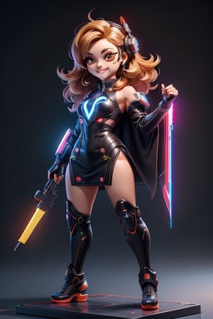 ((best quality)), ((masterpiece)), ((ultra-detailed)), high resolution, chibi girl, fluffy hair, brown eyes, futuristic clothing, dynamic pose, cute, lite smile, happy, simple background, full body, 3DMM, High detailed, chibi, dynamic pose, cyberpunk, hanfu, holding cyberpunk neon weapon, showing shoulders,