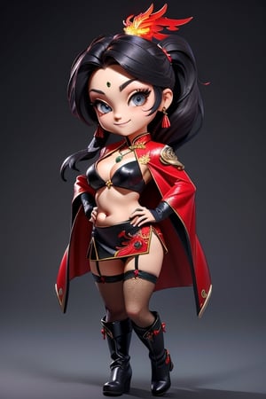 ((best quality)), ((masterpiece)), ((ultra-detailed)), high resolution, chibi girl, black ponytail, dark grey eyes, futuristic clothing, dynamic pose, cute, mischievous smile, happy, simple background, full body, 3DMM, chibi, dynamic pose, cyberpunk, black and red robe, long boots, phoenix robe, leather miniskirt, long_gloves, High detailed, 2 laser swords, cleavage, sexy cheongsam, necklace, belly button, fishnet stockings, translucent bunnysuit,  see_through, chibi, big head, showing belly button, mini pet phoenix on shoulder