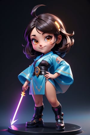 ((best quality)), ((masterpiece)), ((ultra-detailed)), high resolution, chibi girl, black fluffy hair, ahoge, brown eyes, futuristic clothing, dynamic pose, cute, smile, happy, simple background, full body, 3DMM, High detailed, chibi, smiling, dynamic pose, cyberpunk, blue hanfu, holding cyberpunk neon spear, High detailed 