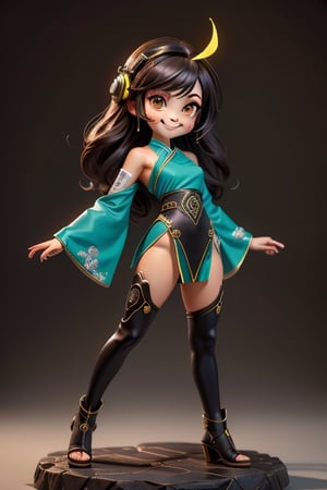 ((best quality)), ((masterpiece)), ((ultra-detailed)), high resolution, chibi girl, black fluffy hair, ahoge, brown eyes, futuristic clothing, dynamic pose, cute, smile, happy, simple background, full body, 3DMM, High detailed, chibi, dynamic pose, cyberpunk, green hanfu, holding cyberpunk neon claymore, showing shoulders,