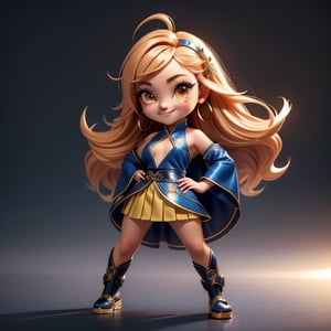 ((best quality)), ((masterpiece)), ((ultra-detailed)), high resolution, chibi girl, fluffy hair, brown eyes, futuristic clothing, dynamic pose, cute, lite smile, happy, simple background, full body, 3DMM, High detailed, chibi, dynamic pose, cyberpunk, hanfu, showing shoulders, ear_ring, ahoge, flurry flowy skirt