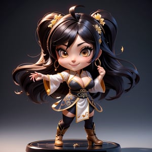 ((best quality)), ((masterpiece)), ((ultra-detailed)), high resolution, chibi girl, fluffy black hair, brown eyes, futuristic clothing, dynamic pose, cute, lite smile, happy, simple background, full body, 3DMM, High detailed, chibi, dynamic pose, cyberpunk, hanfu, showing shoulders, ear_ring, pony_tail, long boots, cleavage, necklace, big_boobs,High detailed , ahoge, jumping kick