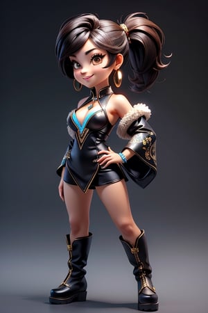 ((best quality)), ((masterpiece)), ((ultra-detailed)), high resolution, chibi girl, fluffy black hair, brown eyes, futuristic clothing, dynamic pose, cute, lite smile, happy, simple background, full body, 3DMM, High detailed, chibi, dynamic pose, cyberpunk, hanfu, showing shoulders, ear_ring, pony_tail, long boots, cleavage, necklace,