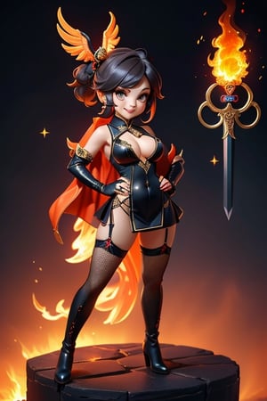 ((best quality)), ((masterpiece)), ((ultra-detailed)), high resolution, chibi girl, black ponytail, dark grey eyes, futuristic clothing, dynamic pose, cute, mischievous smile, happy, simple background, full body, 3DMM, chibi, dynamic pose, cyberpunk, black and red robe, long boots, phoenix robe, leather miniskirt, long_gloves, High detailed, sword, cleavage, sexy cheongsam, necklace, belly button, fishnet stockings, translucent bunnysuit,  see_through, chibi, big head, showing belly button, mini fire orange bird sitting on head