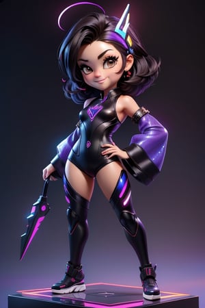 ((best quality)), ((masterpiece)), ((ultra-detailed)), high resolution, chibi girl, black fluffy hair, ahoge, brown eyes, futuristic clothing, dynamic pose, cute, smile, happy, simple background, full body, 3DMM, High detailed, chibi, dynamic pose, cyberpunk, purple hanfu, holding cyberpunk neon whip, High detailed , showing shoulders