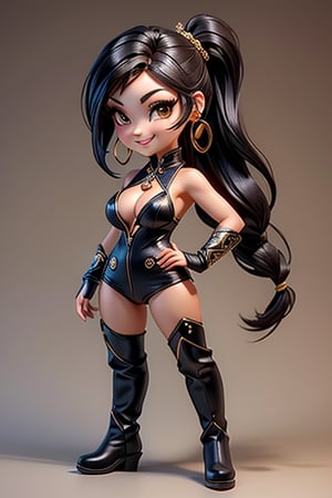 ((best quality)), ((masterpiece)), ((ultra-detailed)), high resolution, chibi girl, fluffy black hair, brown eyes, futuristic clothing, dynamic pose, cute, lite smile, happy, simple background, full body, 3DMM, High detailed, chibi, dynamic pose, cyberpunk, hanfu, showing shoulders, ear_ring, pony_tail, long boots, cleavage, necklace, big_boobs, perfect breast