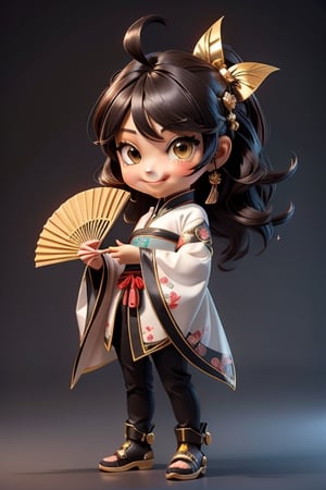 ((best quality)), ((masterpiece)), ((ultra-detailed)), high resolution, chibi girl, black fluffy hair, ahoge, brown eyes, futuristic clothing, dynamic pose, cute, smile, happy, simple background, full body, 3DMM, High detailed, chibi, smiling, dynamic pose, cyberpunk, hanfu, open palm hand, holding folding fan