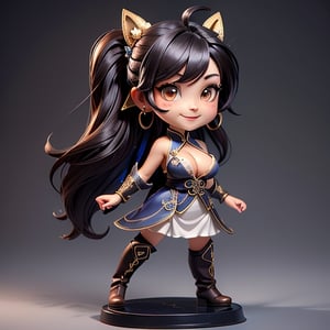 ((best quality)), ((masterpiece)), ((ultra-detailed)), high resolution, chibi girl, fluffy black hair, brown eyes, futuristic clothing, dynamic pose, cute, lite smile, happy, simple background, full body, 3DMM, High detailed, chibi, dynamic pose, cyberpunk, hanfu, showing shoulders, ear_ring, pony_tail, long boots, cleavage, necklace, big_boobs,High detailed , ahoge