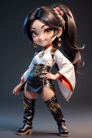 ((best quality)), ((masterpiece)), ((ultra-detailed)), high resolution, chibi girl, fluffy black hair, brown eyes, futuristic clothing, dynamic pose, cute, lite smile, happy, simple background, full body, 3DMM, High detailed, chibi, dynamic pose, cyberpunk, light hanfu, showing shoulders, ear_ring, pony_tail, long boots, cleavage, necklace, big head