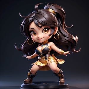 ((best quality)), ((masterpiece)), ((ultra-detailed)), high resolution, chibi girl, fluffy black hair, brown eyes, futuristic clothing, dynamic pose, cute, lite smile, happy, simple background, full body, 3DMM, High detailed, chibi, dynamic pose, cyberpunk, hanfu, showing shoulders, ear_ring, pony_tail, long boots, cleavage, necklace, big_boobs,High detailed , ahoge